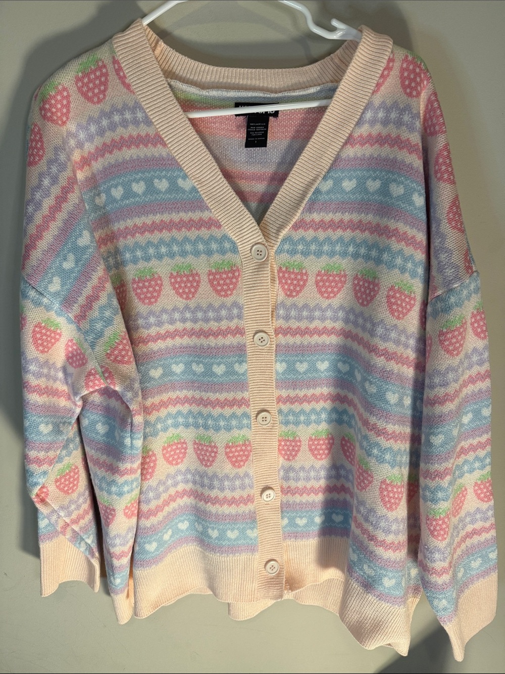 Hot Topics pink strawberry cardigan size 1   27 1/2 pit to pit